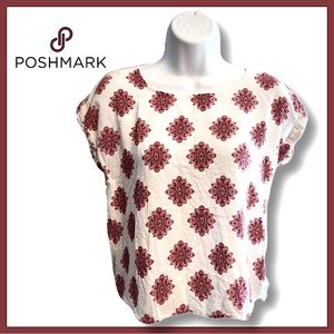 Pink Republic Short Sleeve Boho Style Print Top White and Maroon Size Small